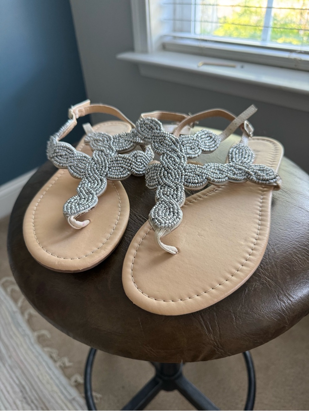 JustFab Silver Beaded T-Strap Sandals with Nude Footbed